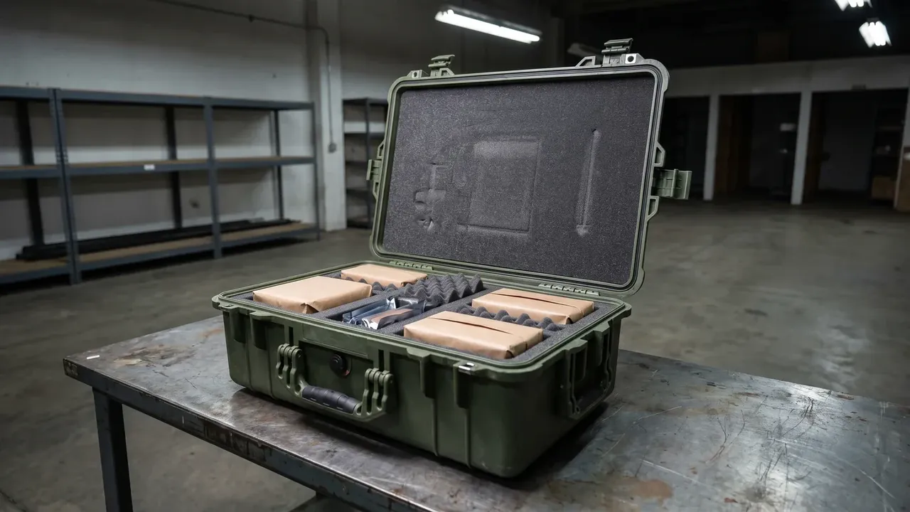 PP Plastic Case open on a scratched steel bench, lid foam cut with rectangular cavities, kraft paper bricks in egg-crate foam, empty racks behind