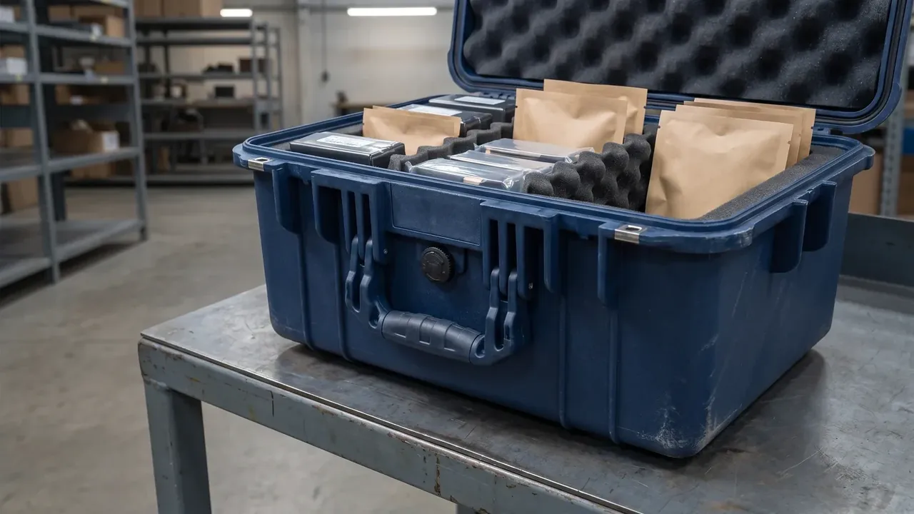 PP Plastic Case in navy blue on a steel table, upright kraft pouches and flat silver packs inside black foam, round purge valve