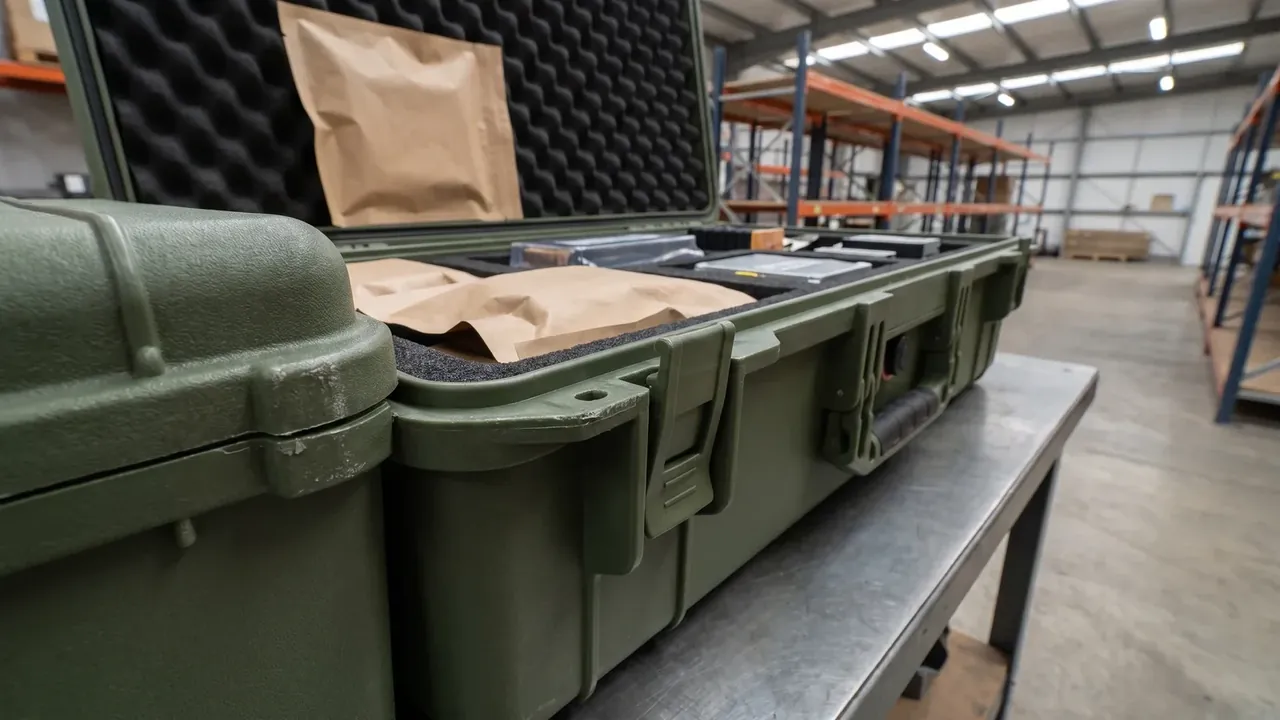PP Plastic Case opened flat on a steel table, black egg-crate foam in the lid, kraft paper packets inside, orange racking behind