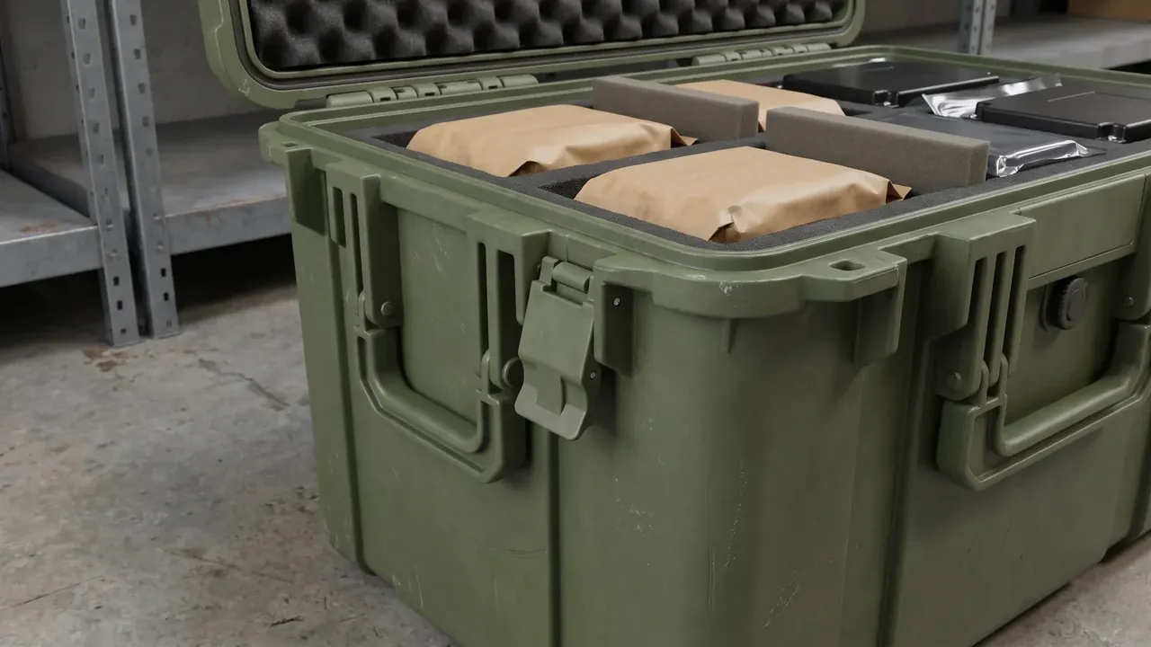 PP Plastic Case standing upright on concrete, lid raised to show black egg-crate foam, kraft parcels between grey foam blocks, black purge valve