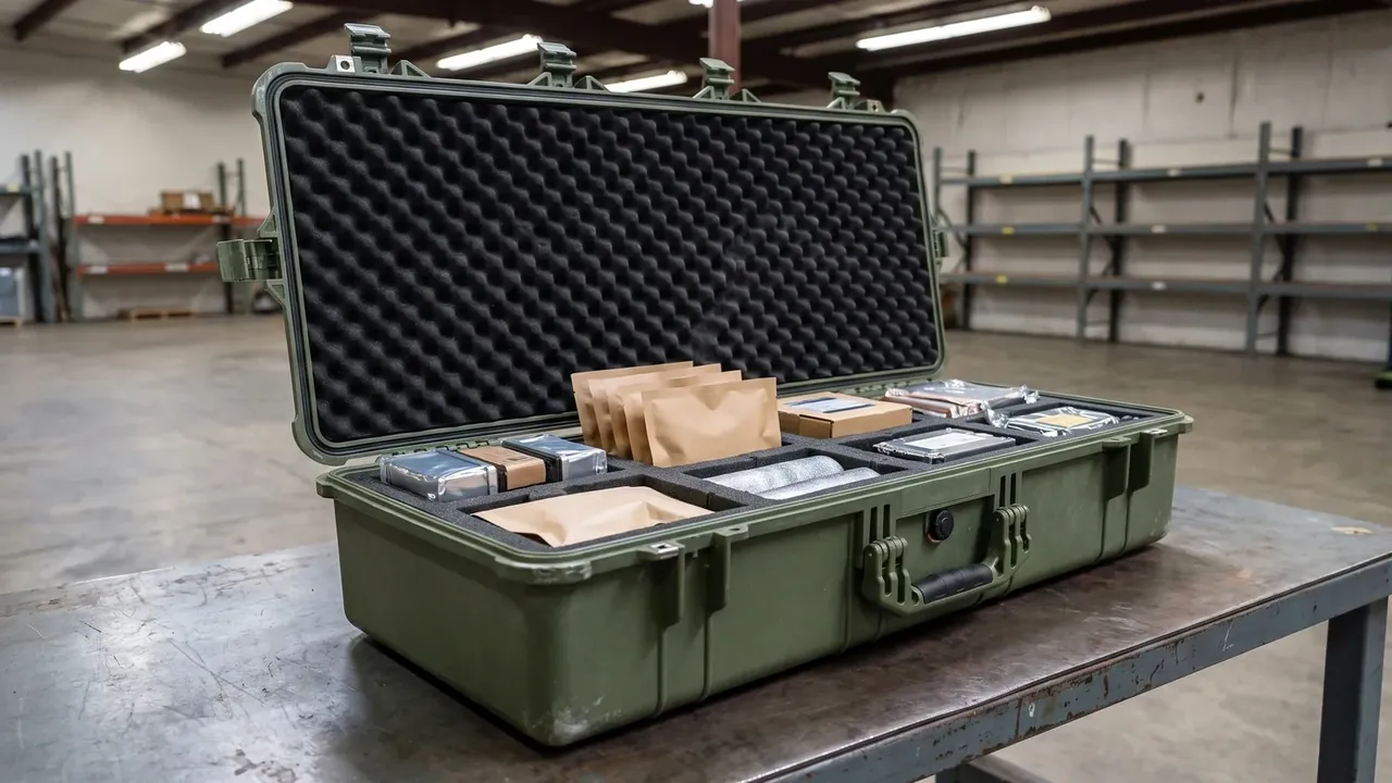 PP Plastic Case in olive green, open on a steel bench, egg-crate foam glued in the lid, divided tray with paper packets, warehouse racks behind