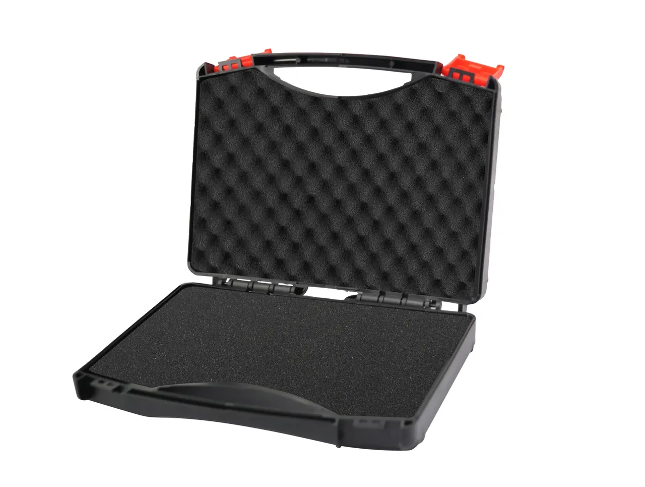 PP Plastic Case in black standing open on white, egg-crate foam lining the lid, flat foam in the base, four hinge knuckles, two red latches