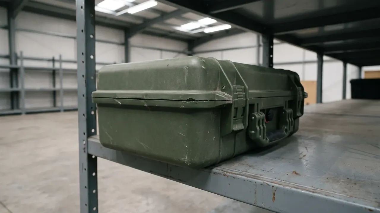 PP Plastic Case in olive green lying on a grey steel shelf, two latches and a side handle visible, scuffed shell, white factory walls behind