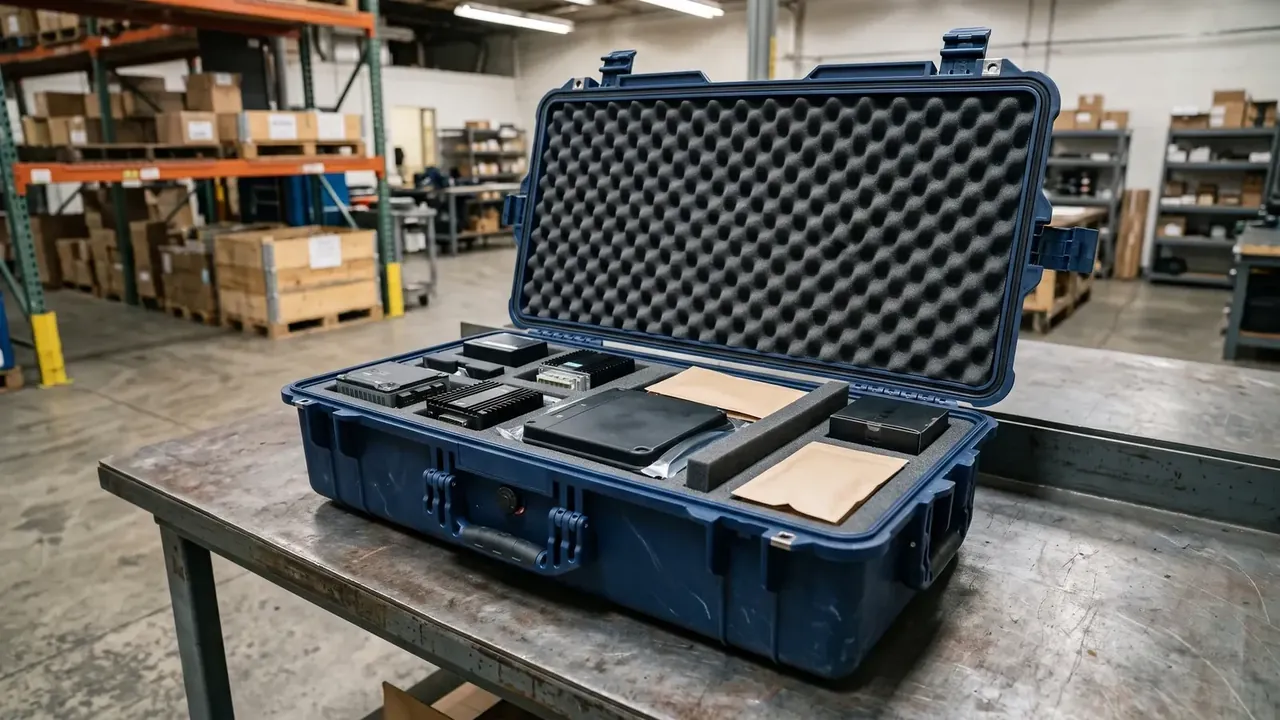 PP Plastic Case in navy blue open on a steel bench, egg-crate foam in the lid, cut foam trays holding modules, orange racking behind