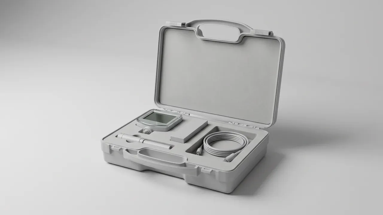 精密仪器箱：浅灰箱盖完全竖起，下箱泡棉槽内嵌着带显示屏的手持测量仪、一支探头、一卷盘绕线缆与一块矩形模块，前沿提手穿过盖口