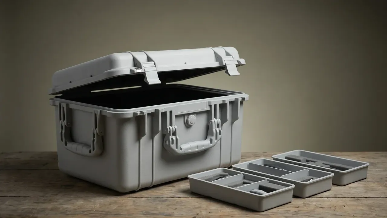 Private label plastic case manufacturer: grey case open on wood, empty black foam, side and front handles, three compartment trays in front.