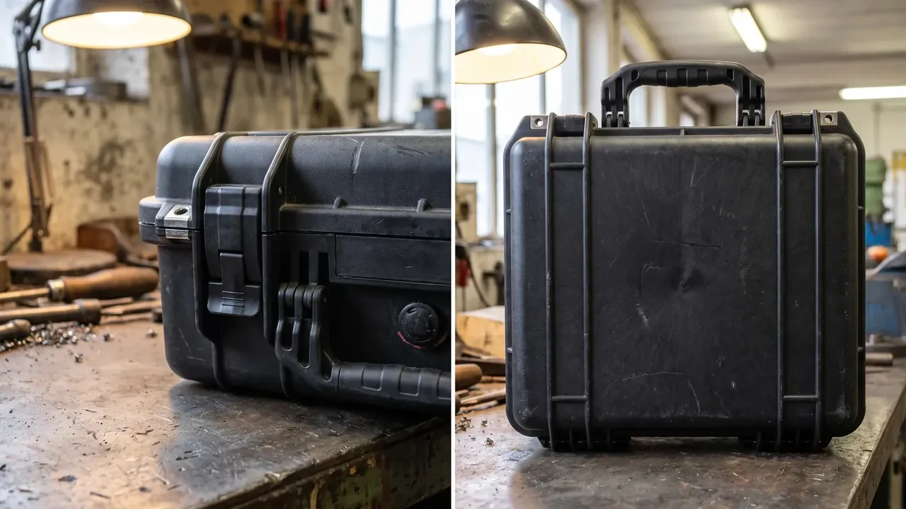 Projectile pallet: two scuffed black cases on a workbench, left side-on with two latches and a red valve, right front-on with a raised handle