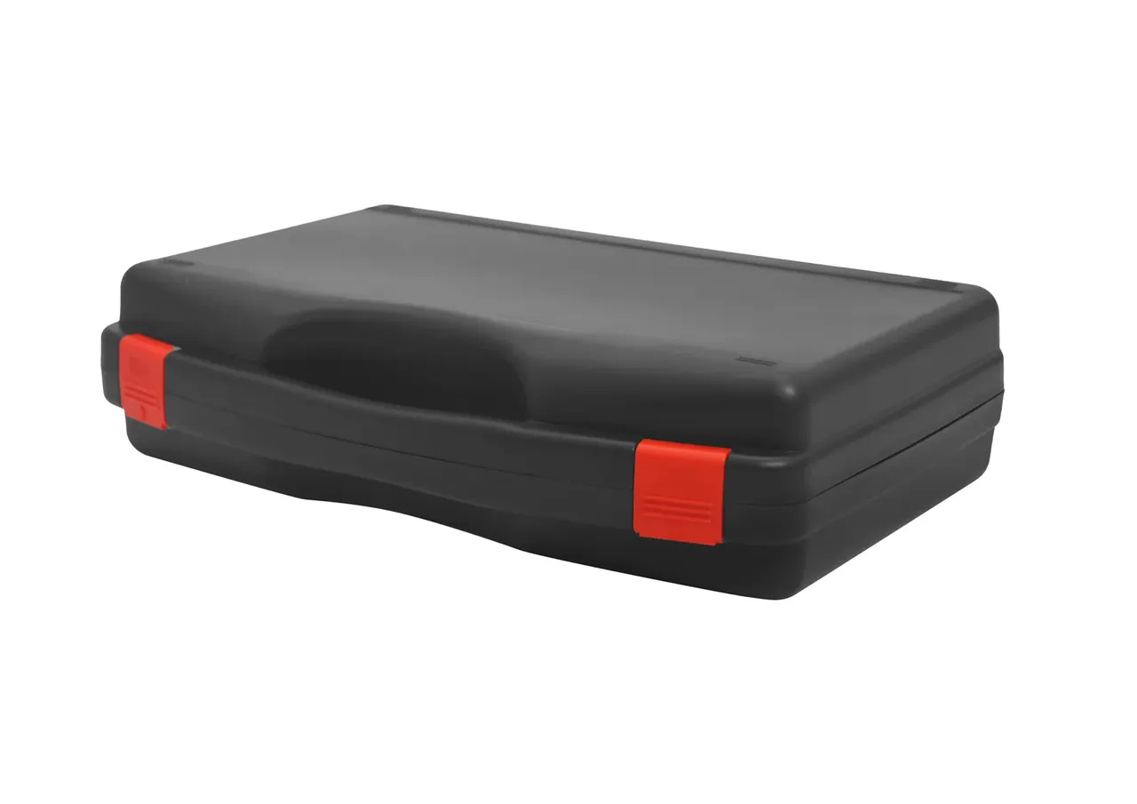 The same case at forty-five degrees, closed, flat lid, two red latches at the front and two moulded feet along the lower edge