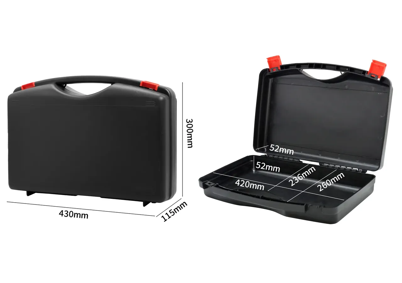 A dimension drawing of the case: outside 430×300×115 mm, inside 420×236 mm, 52 mm marked on lid and base