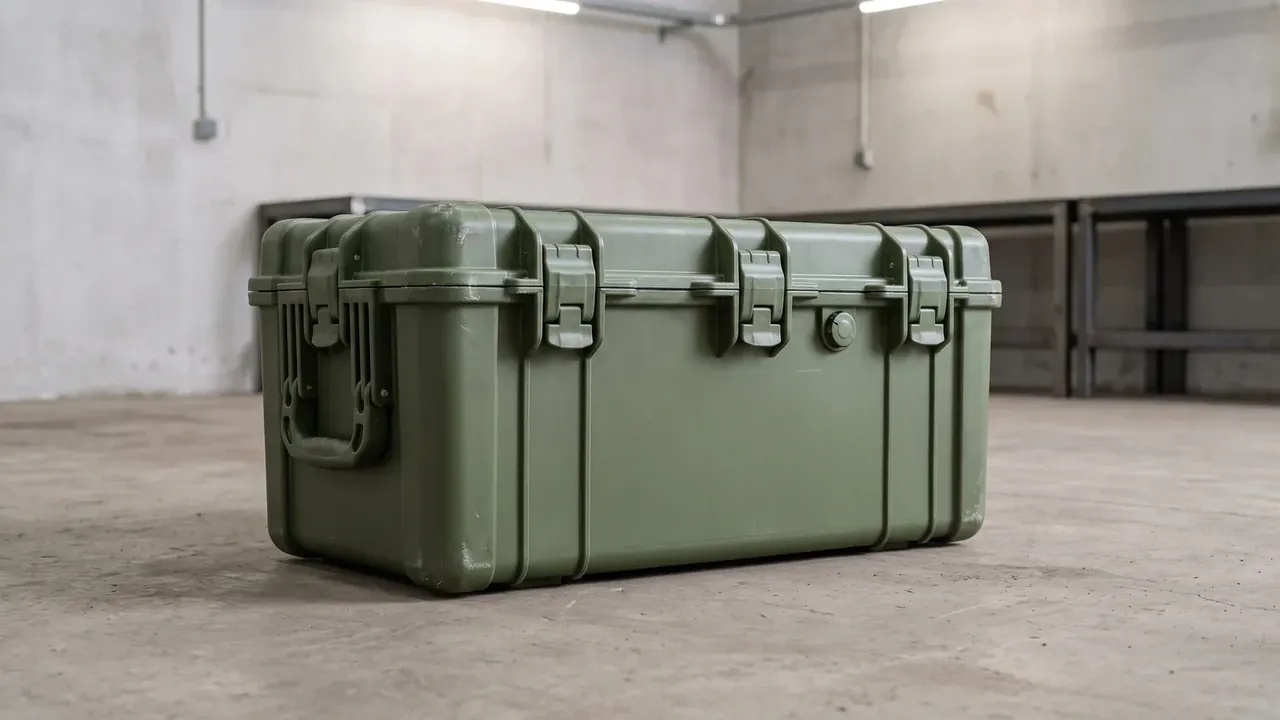 Projectile Pallet: olive green case on bare concrete, four latches on the long side, a round valve cap at right