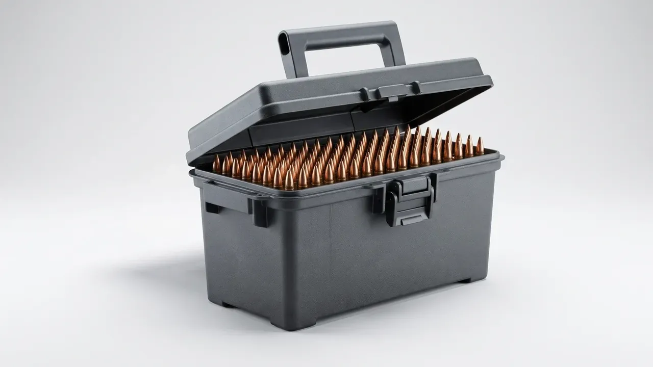 Prop Charge Container: an open dark grey case filled with upright copper-tipped rounds in molded channels, ribs inside the lid, one front latch