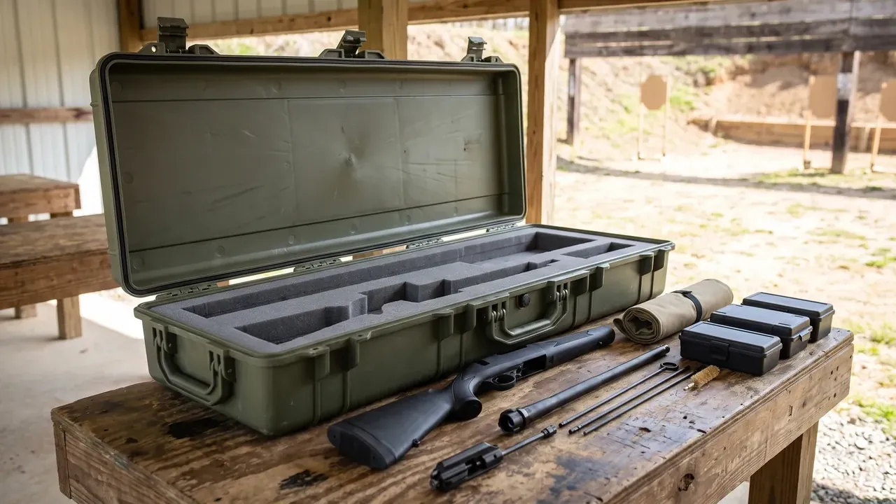 Prop Charge Container: olive green long case open on a timber workbench, grey compartmented foam inside, folding side handle and two latches, timber shelter behind