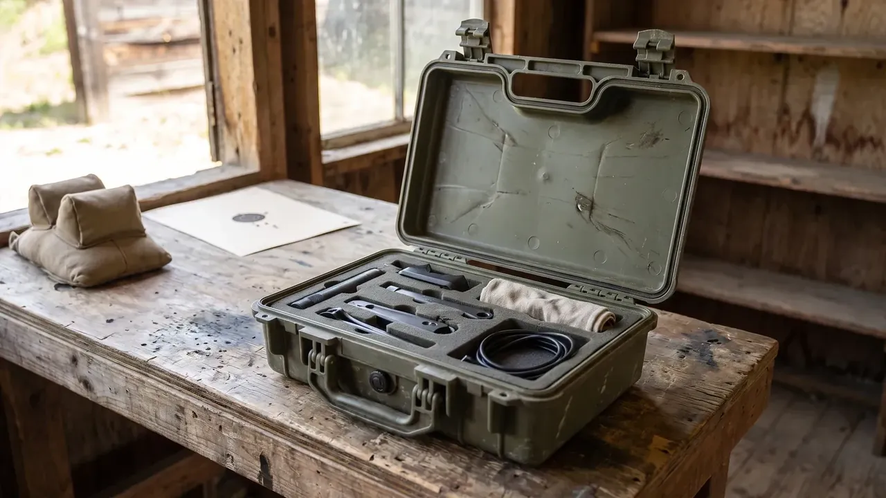 Prop Charge Container: olive green case open inside a timber shed, scuffed lid interior, compartmented foam tray, round pressure valve and two latches
