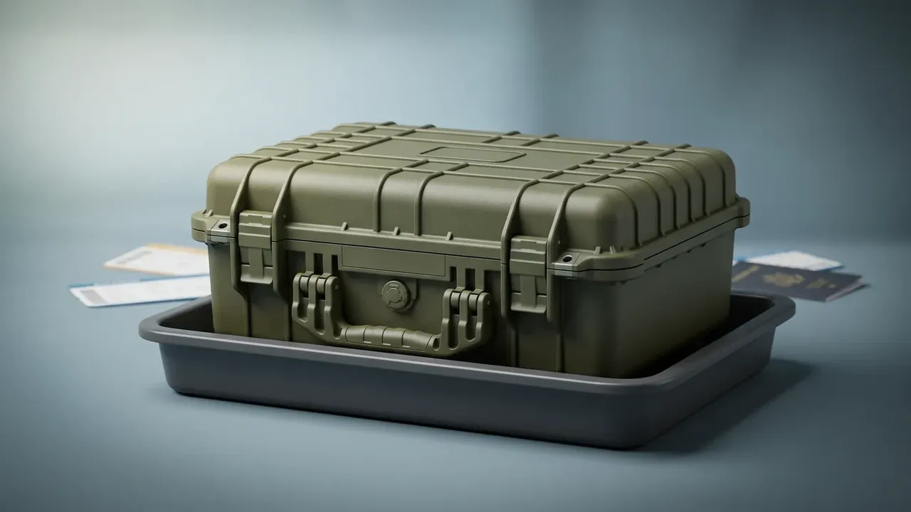 Prop Charge Container lying in a shallow gray tray, two front latches and one black pressure valve, ID cards scattered behind