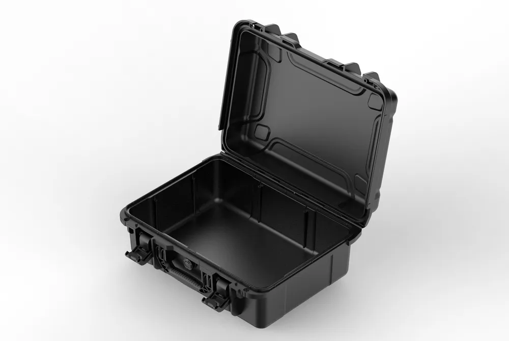 Protective case hardware detail with latches and valve