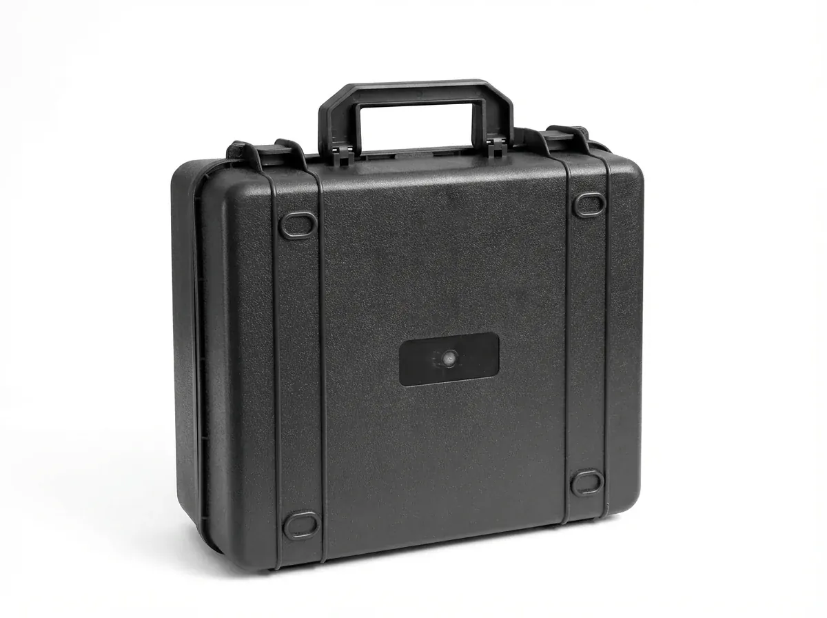 Protective Case Customization Process: three-quarter view of the black hard case, showing the lid-to-base parting line, hinge profile and four oval pads