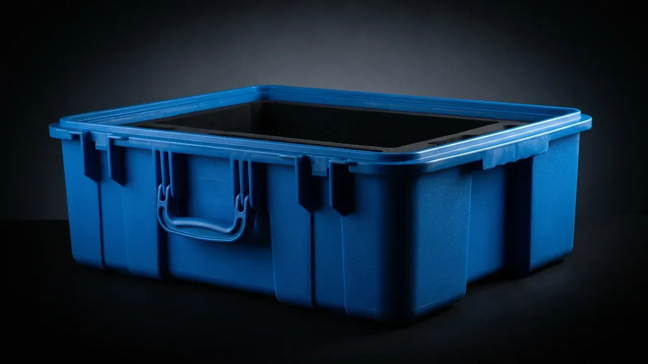 Protective Case Manufacturer: blue case open at the top, a seal groove around the rim