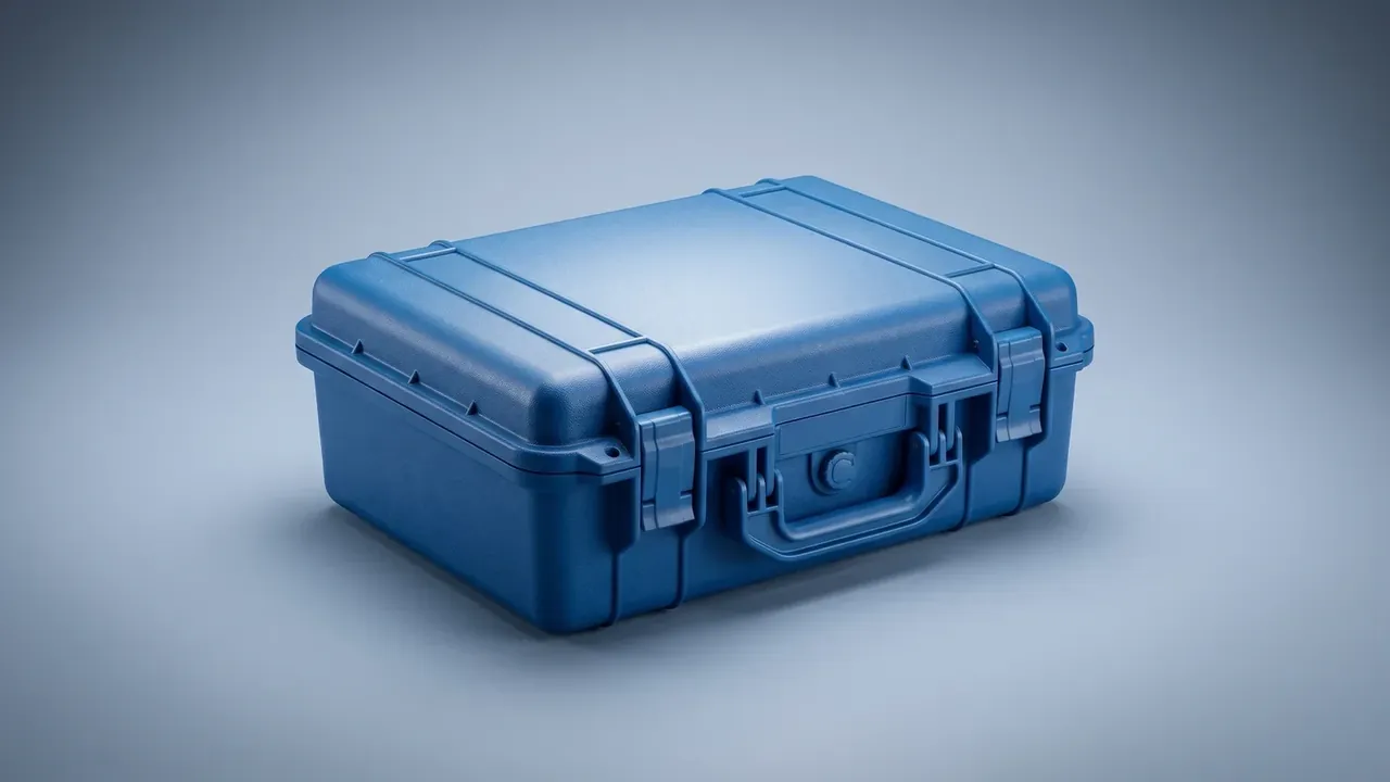 Protective Case Manufacturer: one blue closed case on a pale blue gradient, ring ribs across the lid, three latches at the front, folded handle