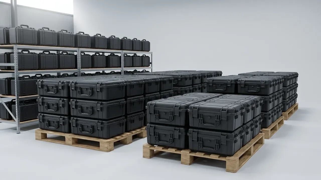Protective Case Manufacturer: four-tier steel racks filled with black closed cases, three timber pallets stacked three high in front