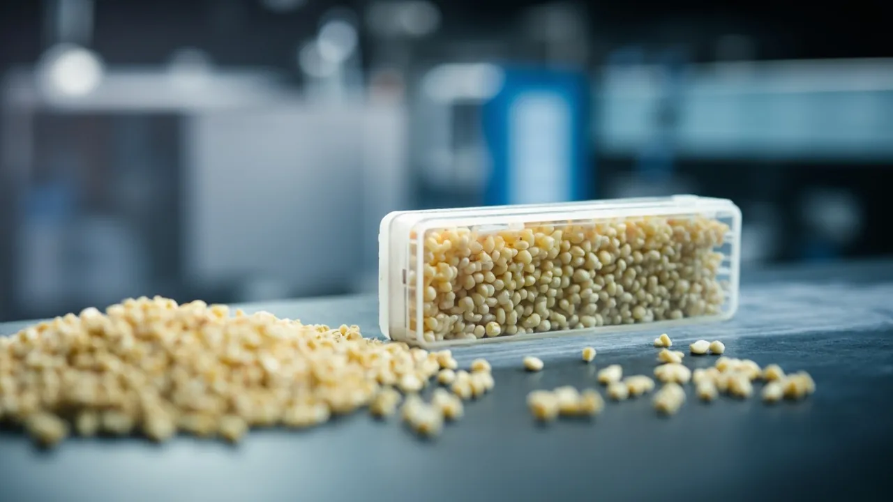 Plastic pellets beside a molded case shell