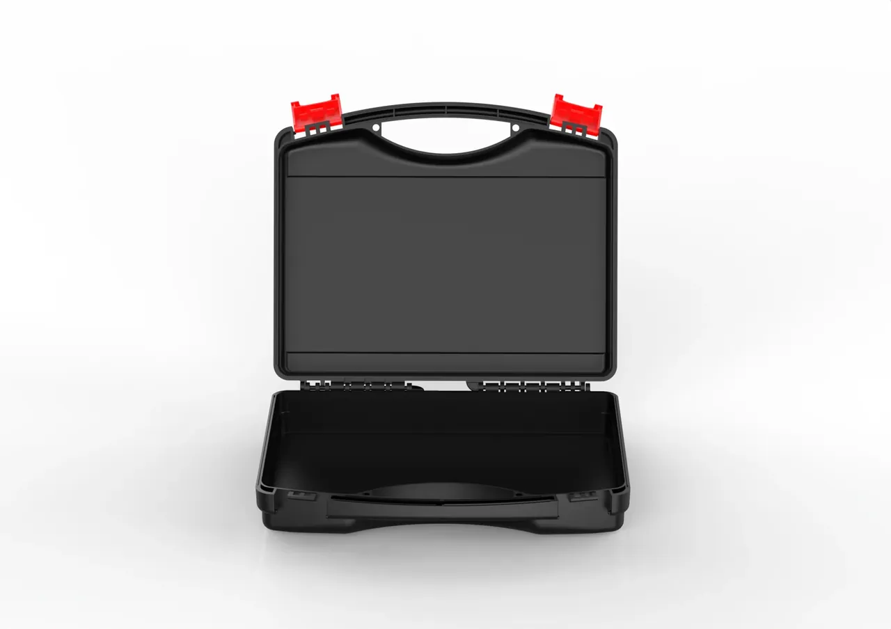 Case Quote hardware check: a front-on open black case with two red latches at the lid, a moulded handle and no foam inside