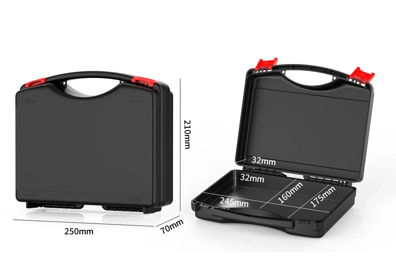 Case Quote material and foam layers on a dimensioned drawing: closed 250 by 210 by 70 mm, 32 mm lid and base depth