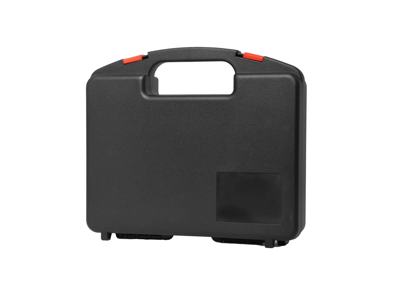 Protective Case Sales: a closed black case front on white, square opening under the bridge handle, two red tabs, three feet below