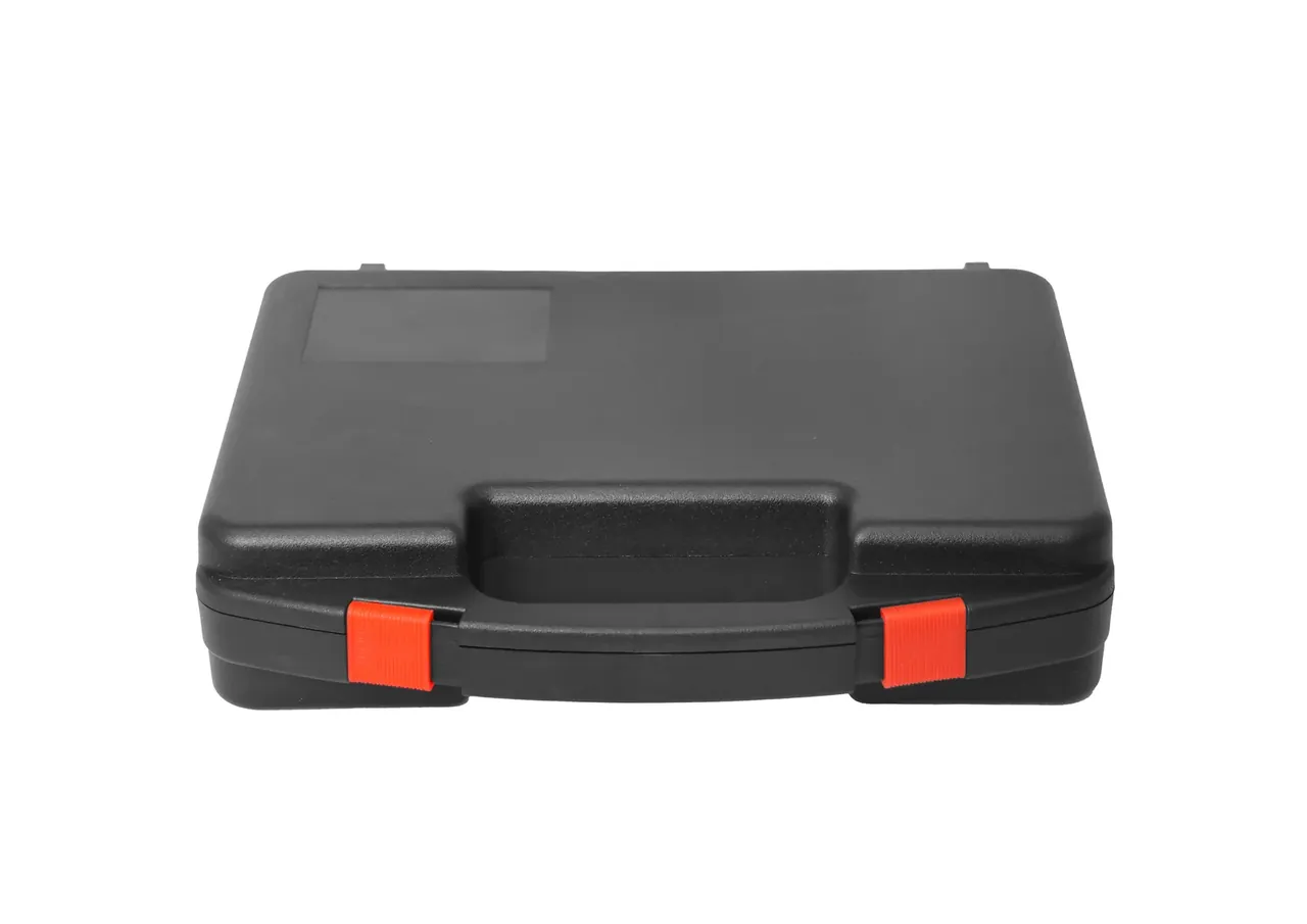 Protective Case Sales: a closed black case from a low angle, the seam between lid and base, two orange-red latch tabs beside the handle