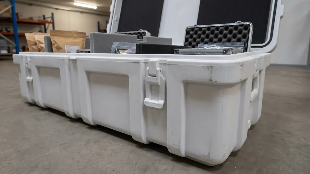 Protective Case Sales shipment sample, a large white case open on the floor, four side ribs, black lid foam and kraft bags inside
