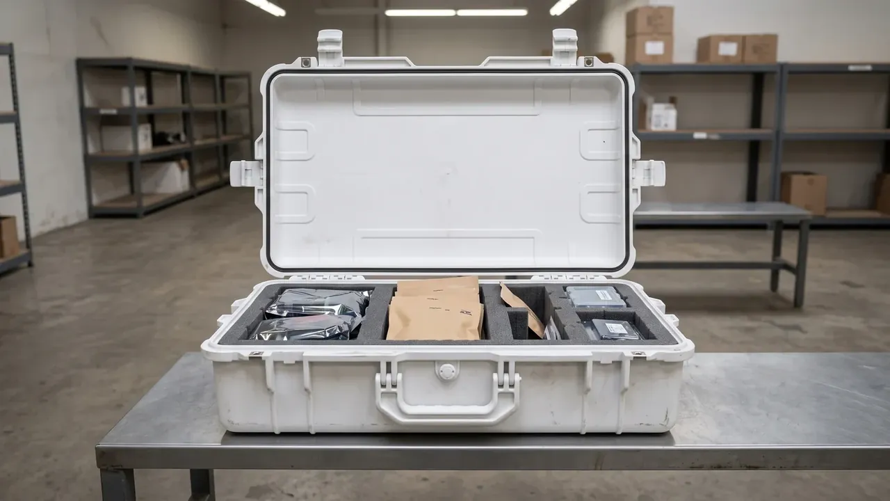 Protective Case Sales sample case in white, open on a steel table, black gasket ring, four latch seats, black foam compartments behind