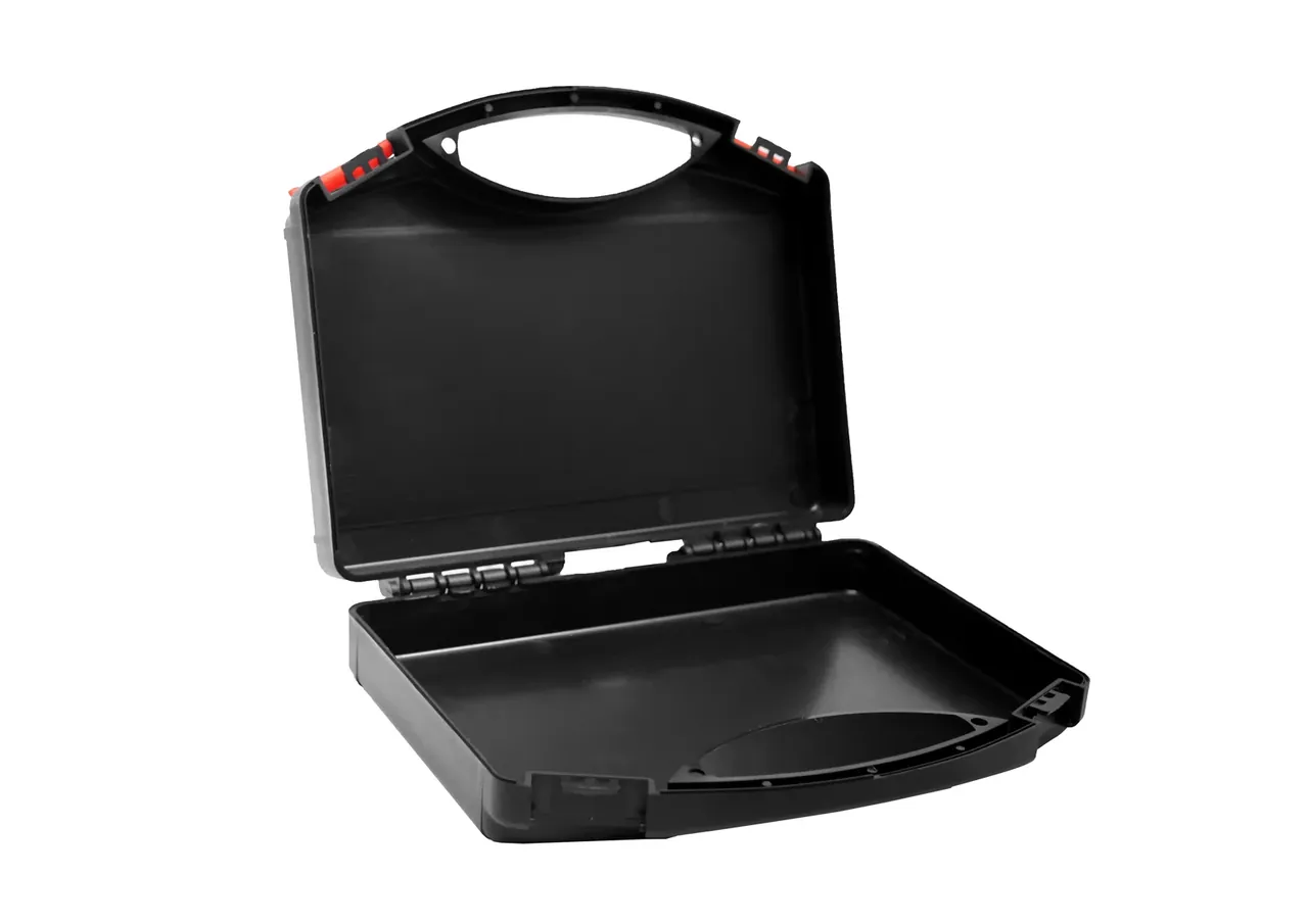 Protective Case Sales: open black case from an angle, empty base without dividers, red hooks on the rim, a row of hinges, lid ribs