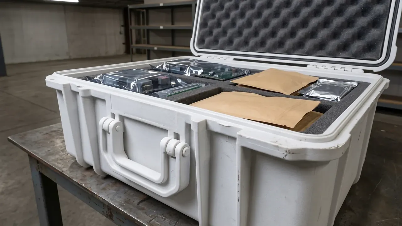 Protective Case Sales: open white case on a steel bench, grey egg-crate foam in the lid, circuit boards in silver anti-static bags, two white handles