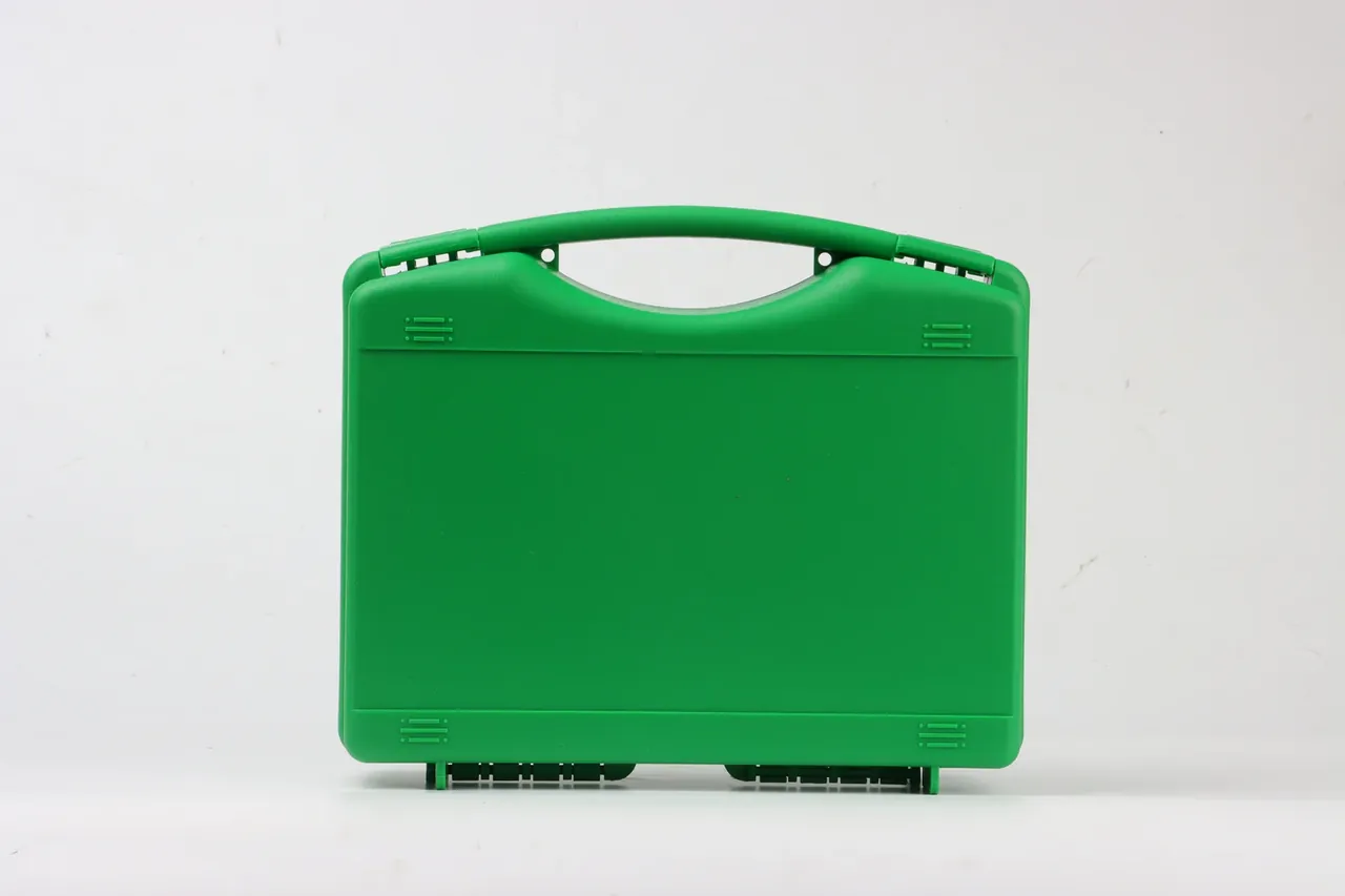 Protective Case Sales: a green case on white, bridge handle joined to the lid edge, three rib groups at each corner, ribbed feet