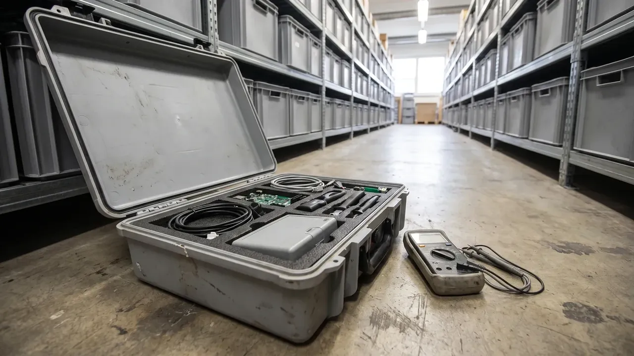 Protective Case Wholesale: grey case open on concrete, foam pockets holding cables