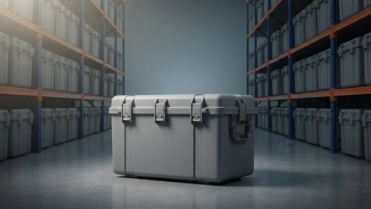 Protective Case Wholesale: pale grey case in an aisle, four latches along the lid