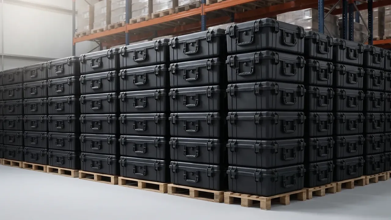 Protective plastic case supplier: black cases stacked six high on pallets, two latches out, orange racking behind
