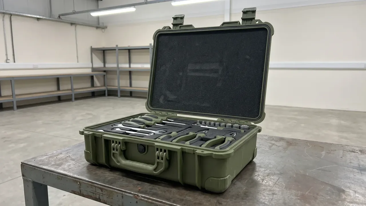 Night window tool case in olive green open on a steel bench, black foam in the lid holding wrench and socket cutouts, two wide latches