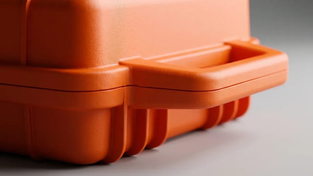 Railway Signal Case: close view of the lower corner and handle, stepped lid seam, rounded corner, ribs down the face, pale grey gradient behind