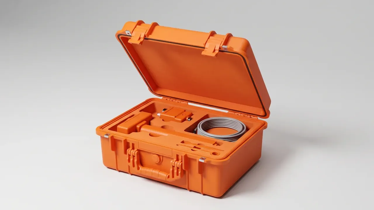 Railway Signal Case: orange lid open showing a black gasket in the groove, a coiled grey cable in the base, two latches folded back