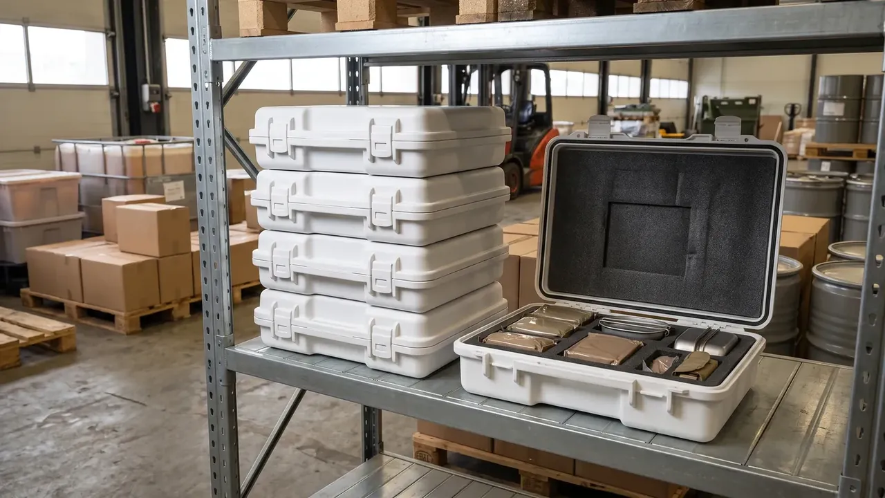 Ration box: four closed white cases stacked on a steel shelf, two latches each, beside an open case with dark foam pockets holding tins