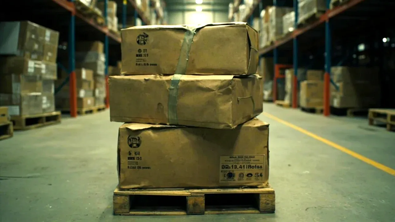 Three ration boxes on a wooden pallet with a strap over the lids