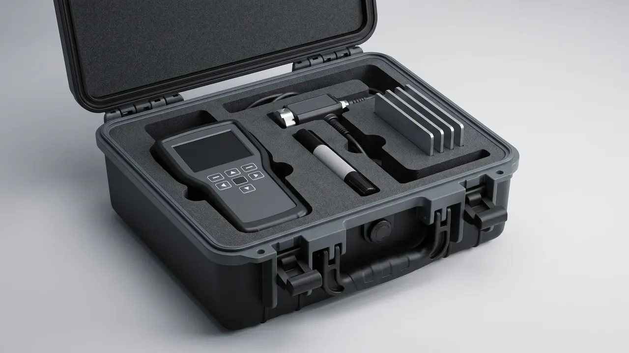 refinery inspection case open from above, foam pockets holding a keypad instrument, a probe and a finned metal block, two latches closed, handle centred