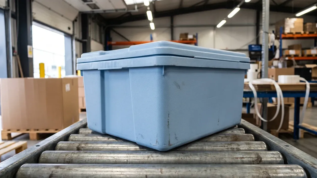 Reusable plastic shipping box on a warehouse roller conveyor, blue body with vertical ribs and worn corners, cartons and racking behind