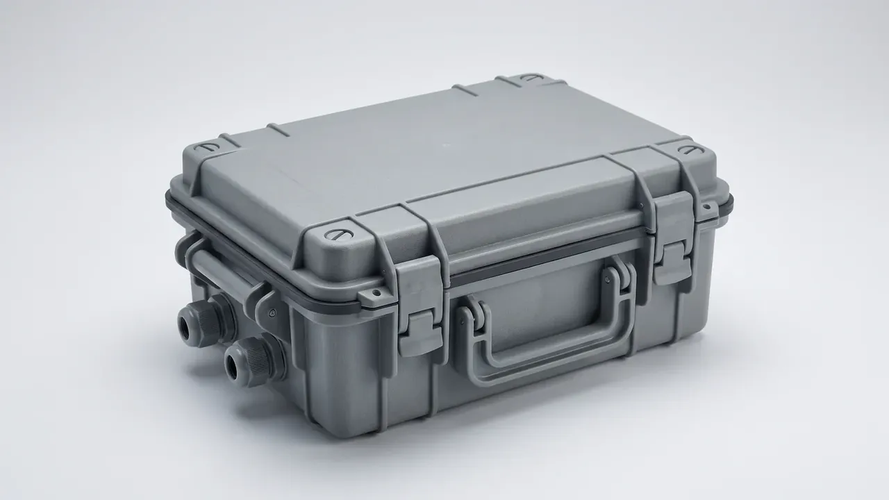 Reusable Shipping and Storage Container: grey case, two press latches flanking a folding handle, two threaded round ports on the left side