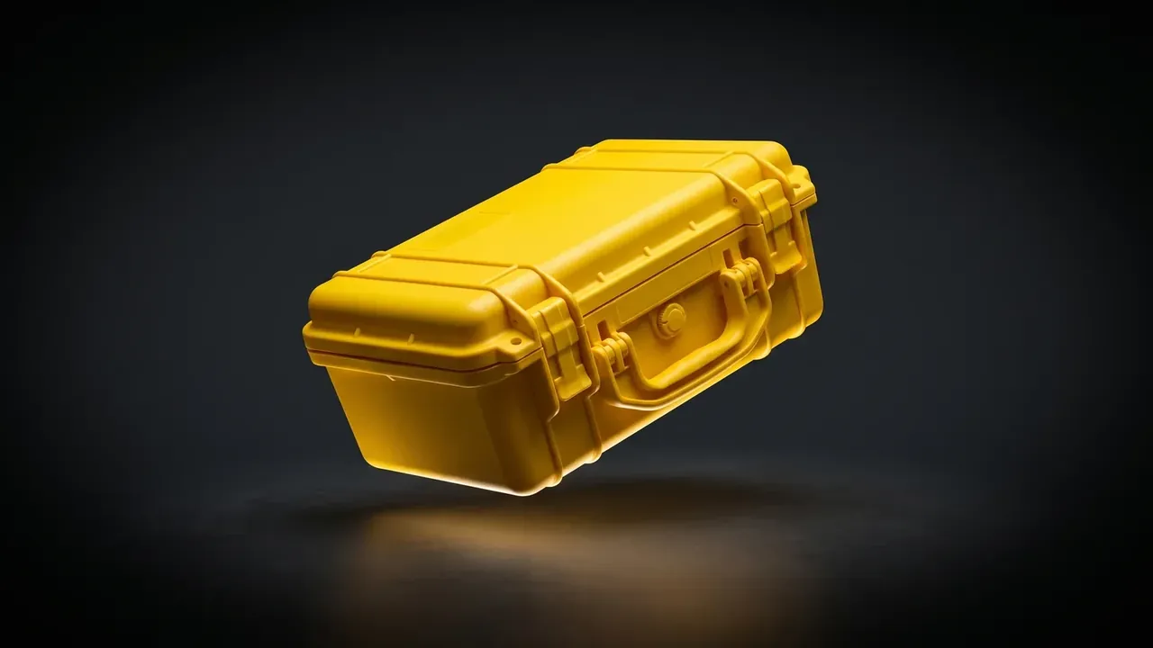 Reusable Shipping and Storage Container: yellow case tilted against a dark backdrop, one closed latch, a round pressure relief valve and a folding handle