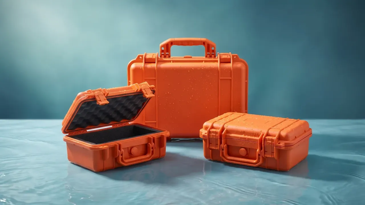 Reusable Shipping and Storage Container: three orange cases on a wet blue surface, the front one open showing egg-crate foam, two closed beside it