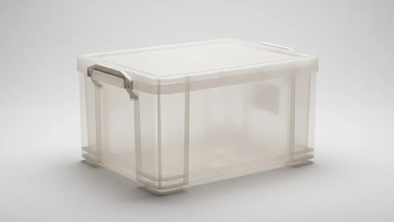 可复用运输与存储容器：单只半透明乳白箱体扣盖静置于浅灰影棚，近角一枚灰色塑料卡扣锁紧，长侧面竖向筋框与四角支脚清晰可见