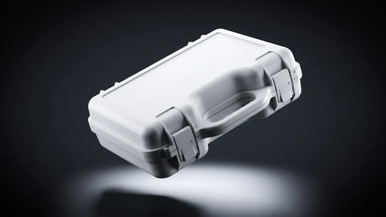 Reusable shipping and storage container: white case tilted on a dark backdrop, one near-side latch closed over the rim, recessed handle groove, mold seam