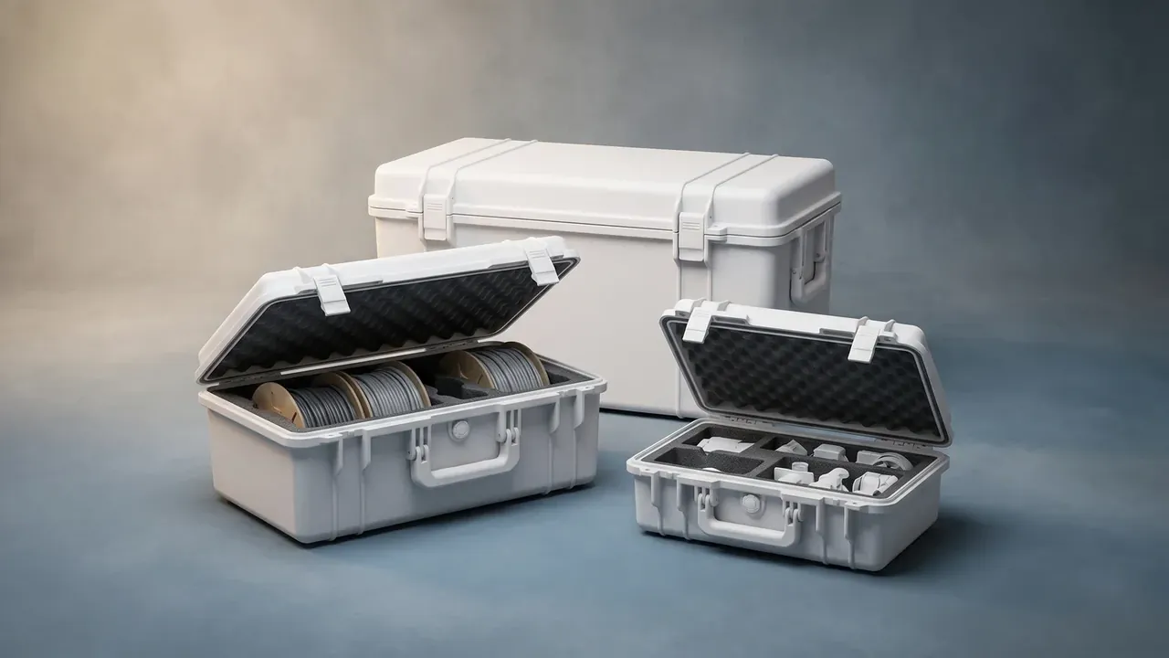Reusable shipping and storage container: three white cases on a blue-grey backdrop, one large closed at back, two open with cable spools and foam-cut parts
