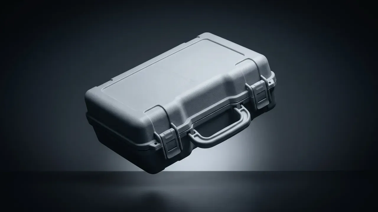 Reusable shipping and storage container: dark grey case tilted on a near-black backdrop, two grey draw latches closed, folding side handle, soft shadow underneath